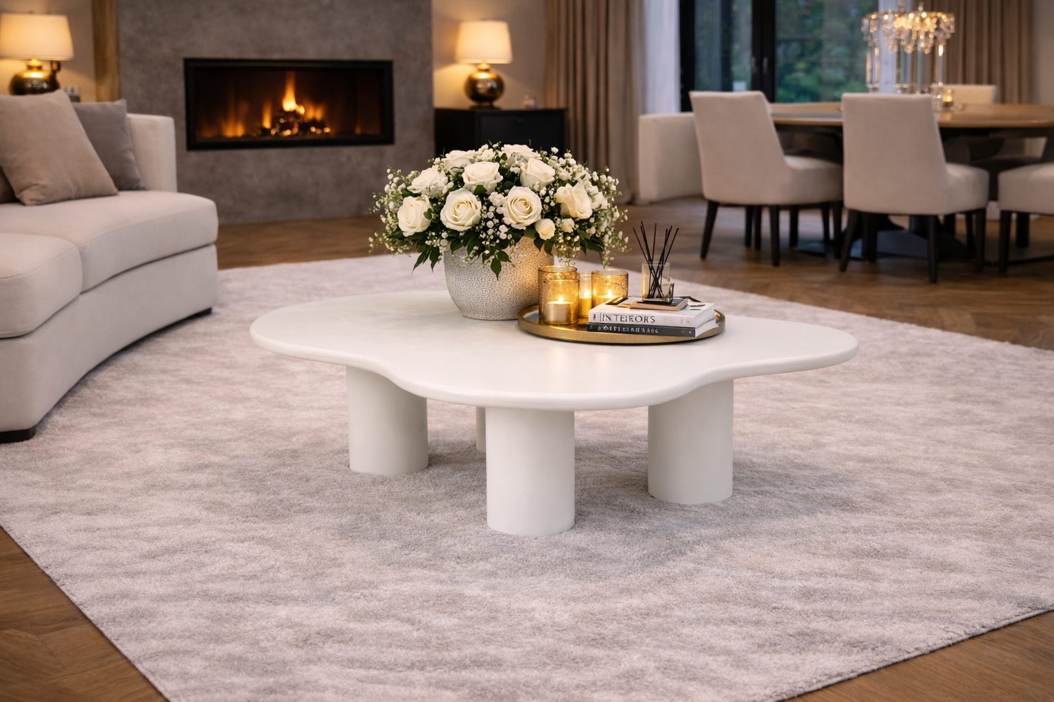 Organic coffee table - 110 cm - White - 4 legs - Mango wood