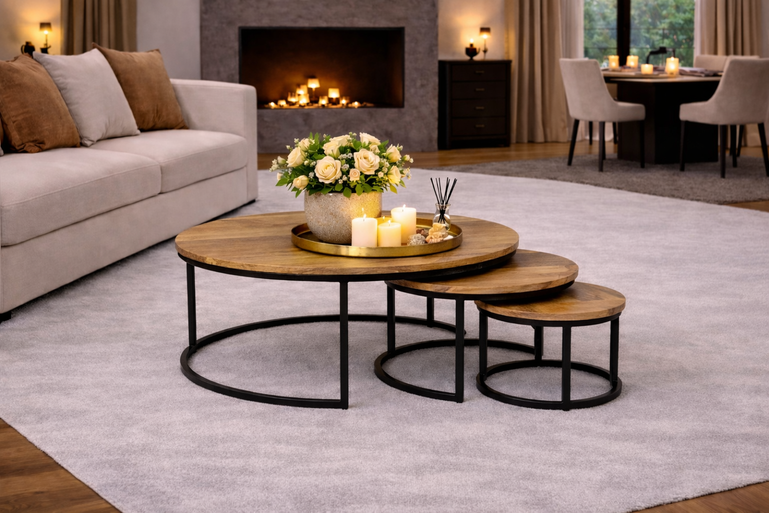 Coffee table set of 3 - 70 cm x 50 cm x 36 cm - Natural - Mango wood