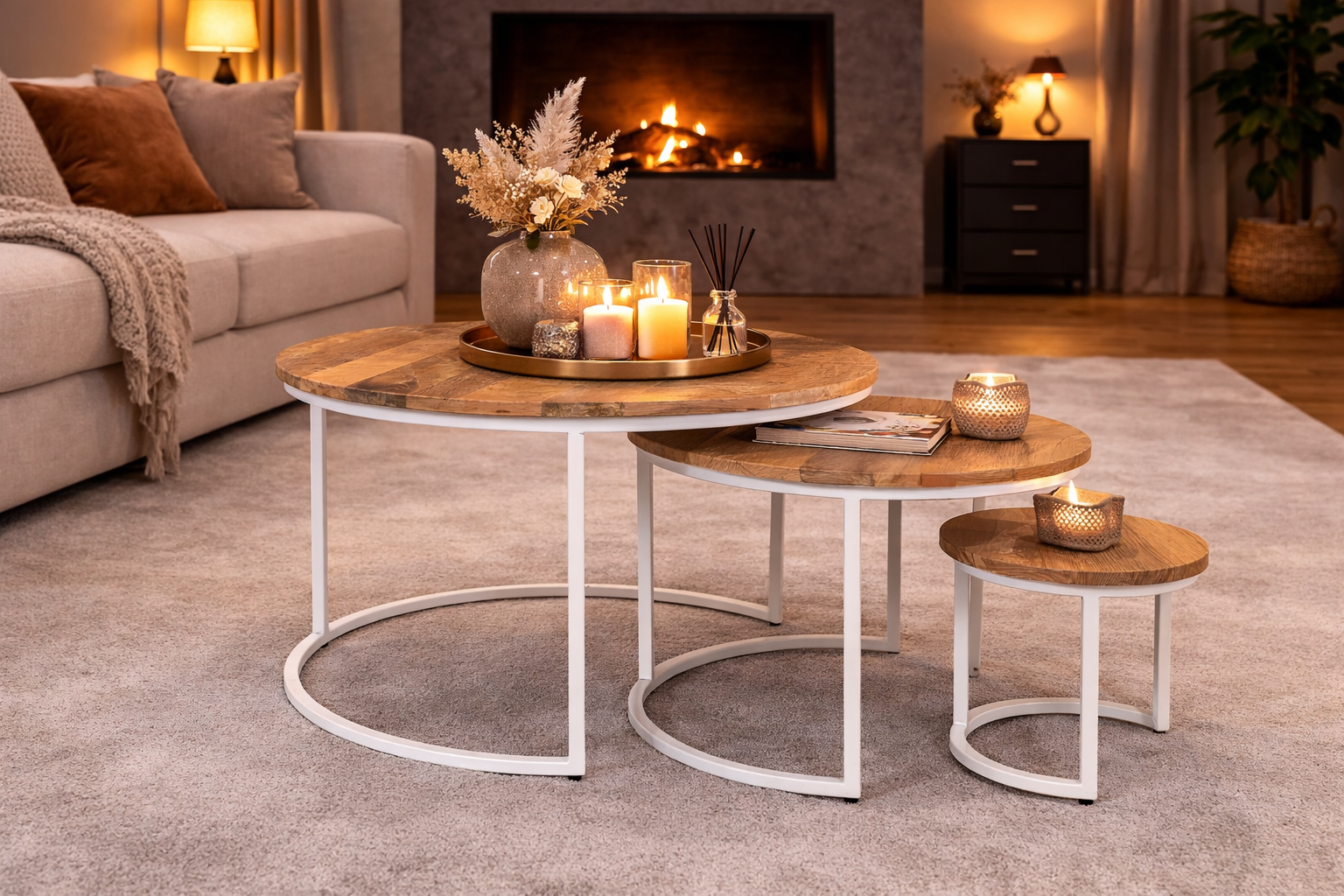 Coffee Table Set of 3 - 70 cm x 50 cm x 36 cm - Natural/White - Mango Wood