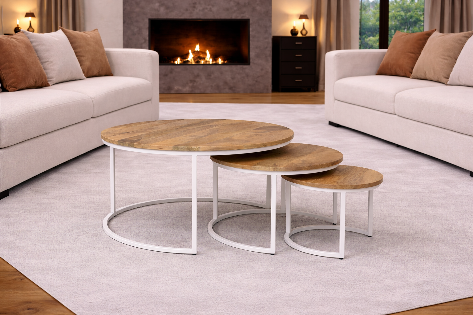 Salontafel Set van 3 - 70 cm x 50 cm x 36 cm - Naturel/ Wit - Mangohout