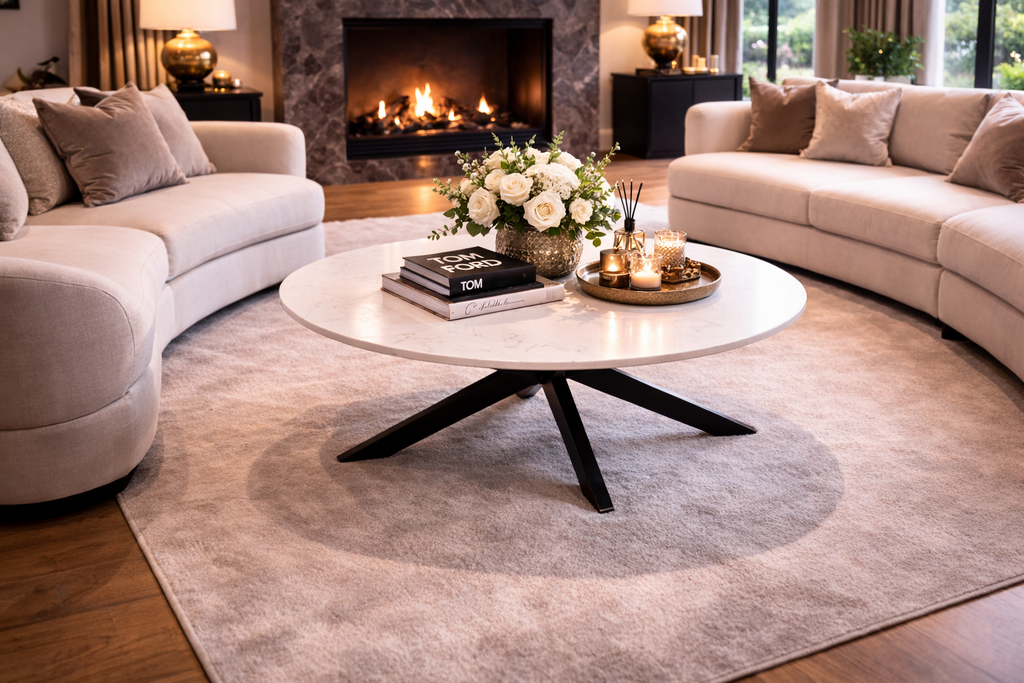Salontafel 120cm ovaal wit blad  45cm hoog met ronde rand