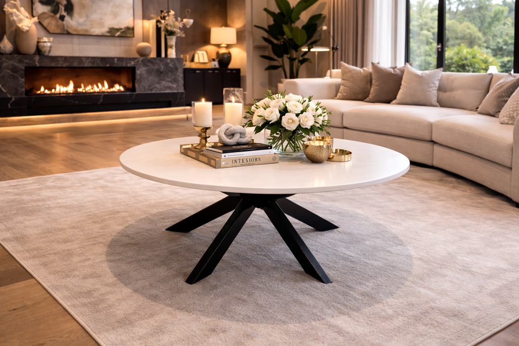 Ronde Salontafel - 80 cm - Wit - Zwart Metalen Kruispoot